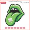 St. Patrick’s Day Lips Embroidery Design featuring shamrock-patterned tongue for festive digital machine embroidery.
