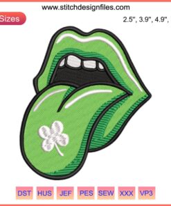 St. Patrick’s Day Lips Embroidery Design featuring shamrock-patterned tongue for festive digital machine embroidery.