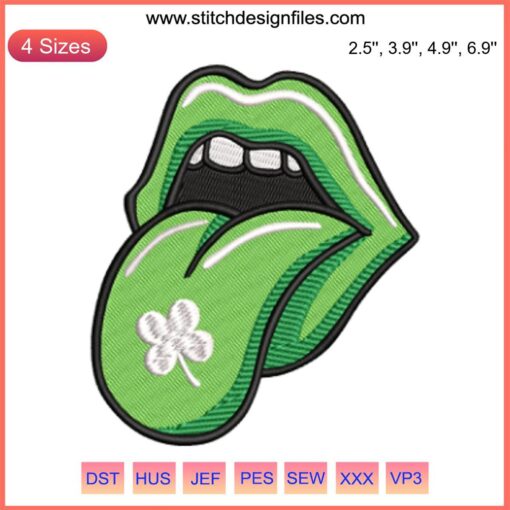 St. Patrick’s Day Lips Embroidery Design featuring shamrock-patterned tongue for festive digital machine embroidery.