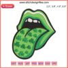 Embroidery design of lips with green shamrocks, perfect for St. Patrick's Day stitching projects.