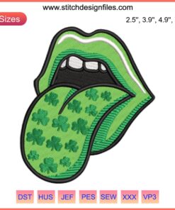 Embroidery design of lips with green shamrocks, perfect for St. Patrick's Day stitching projects.