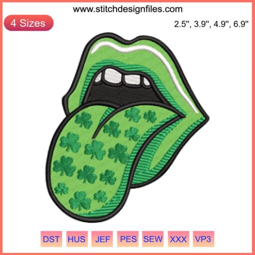 Embroidery design of lips with green shamrocks, perfect for St. Patrick's Day stitching projects.