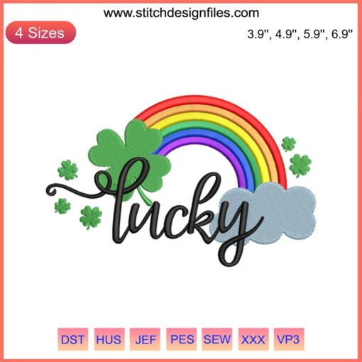 "Four Leaf Clover St. Patrick's Day Embroidery Design: Lucky Rainbow Digital Stitch, Perfect for Festive DIY Projects"