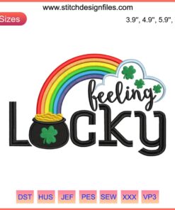 St. Patrick's Day Pot of Gold and Rainbow Embroidery Design for Digital Stitching; festive, vibrant Irish-themed pattern.