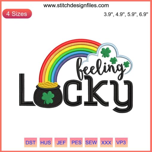 St. Patrick's Day Pot of Gold and Rainbow Embroidery Design for Digital Stitching; festive, vibrant Irish-themed pattern.