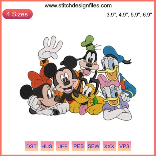Mickey Mouse with Friends Embroidery Design featuring Disney pals stitched digitally, perfect for crafting and DIY projects.