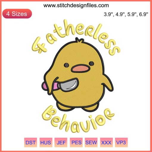 Funny Duck Embroidery Design: Knife-Wielding Duck with "Fatherless Behavior" Text | Digital Stitching Pattern