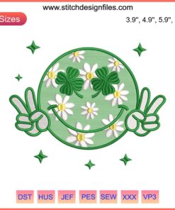 St. Patrick's Day Shamrock Smiley Face Embroidery Design - Festive Digital Stitching with Green Clover and Cheerful Face