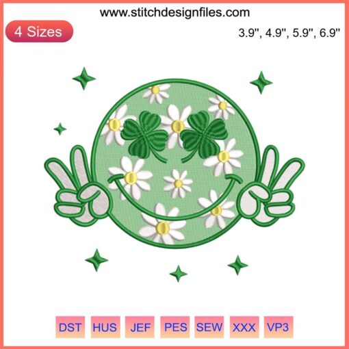 St. Patrick's Day Shamrock Smiley Face Embroidery Design - Festive Digital Stitching with Green Clover and Cheerful Face