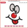 Smile face with red nose, cartoon-style embroidery design, digital pattern. Ideal for Red Nose Day crafts and apparel.