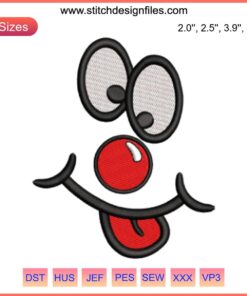 Smile face with red nose, cartoon-style embroidery design, digital pattern. Ideal for Red Nose Day crafts and apparel.