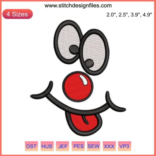 Smile face with red nose, cartoon-style embroidery design, digital pattern. Ideal for Red Nose Day crafts and apparel.