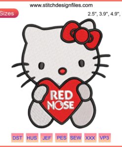 Hello Kitty Red Nose Embroidery Design - Cute Red Nose Day Digital Stitching Pattern