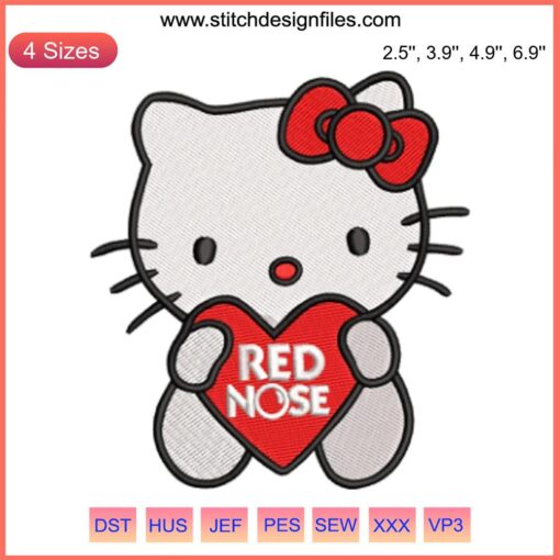Hello Kitty Red Nose Embroidery Design - Cute Red Nose Day Digital Stitching Pattern