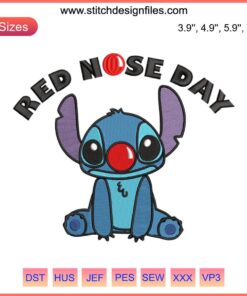 Stitch with Red Nose Day theme, wearing a red nose; Disney embroidery digital design for crafting, digital download.