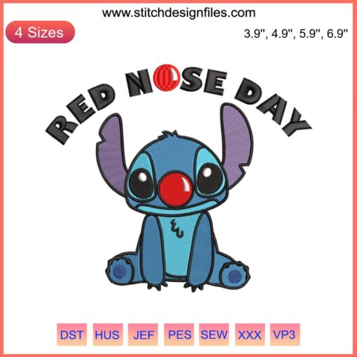 Stitch with Red Nose Day theme, wearing a red nose; Disney embroidery digital design for crafting, digital download.