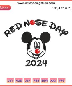 "Mickey Mouse Red Nose Day 2024 Embroidery Design | Disney Digital Stitching | Festive, Charity, Cartoon, Red Nose"