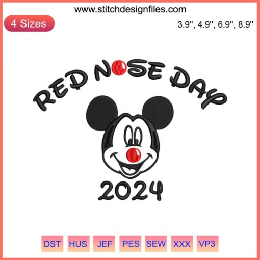 "Mickey Mouse Red Nose Day 2024 Embroidery Design | Disney Digital Stitching | Festive, Charity, Cartoon, Red Nose"
