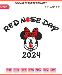 Minnie Mouse Red Nose Day 2024 Embroidery Design | Disney Digital Stitching | Cute Minnie with red nose themed embroidery pattern.