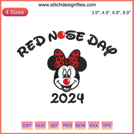 Minnie Mouse Red Nose Day 2024 Embroidery Design | Disney Digital Stitching | Cute Minnie with red nose themed embroidery pattern.