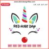 "Red Nose Day Unicorn Embroidery Design: Smiling Unicorn with Red Nose, Perfect for Digital Stitching Projects and Crafts."