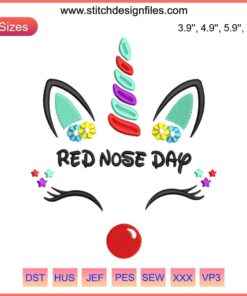 "Red Nose Day Unicorn Embroidery Design: Smiling Unicorn with Red Nose, Perfect for Digital Stitching Projects and Crafts."