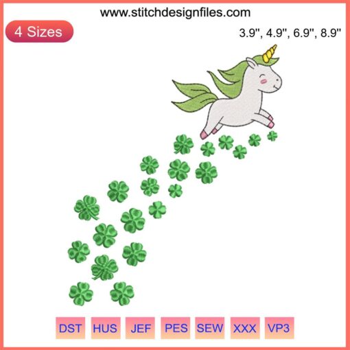 Unicorn Shamrock Clover Embroidery for St. Patrick's Day Digital Stitch Design | Cute, Festive, Irish-Themed Pattern
