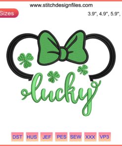 St. Patrick's Day Lucky Clover Minnie Ears Embroidery Design: digital stitching pattern featuring green clovers on mouse ears.