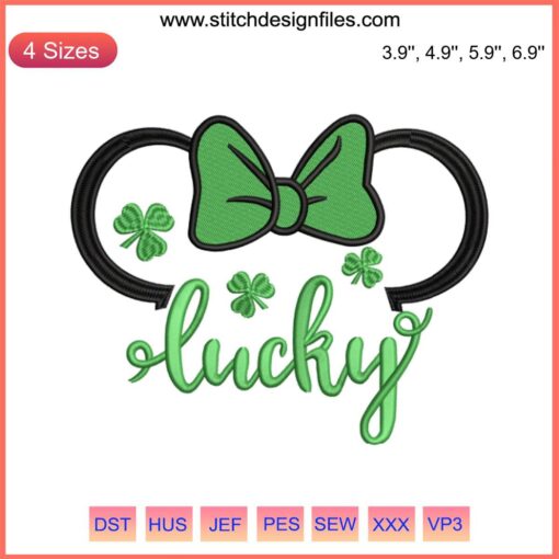 St. Patrick's Day Lucky Clover Minnie Ears Embroidery Design: digital stitching pattern featuring green clovers on mouse ears.