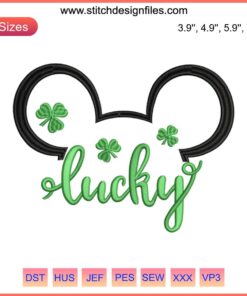 St. Patrick's Day Disney Mickey Ears Embroidery with Lucky Clover Design - Digital Stitching Pattern