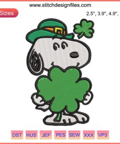"Snoopy Peanuts Shamrocks Embroidery Design - St. Patrick’s Day Digital Stitching, Featuring Snoopy with Shamrocks"