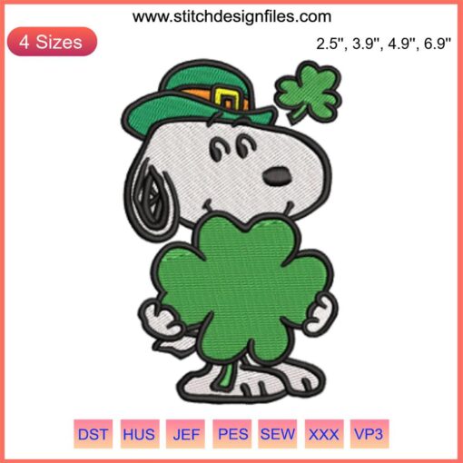 "Snoopy Peanuts Shamrocks Embroidery Design - St. Patrick’s Day Digital Stitching, Featuring Snoopy with Shamrocks"