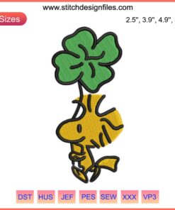 Woodstock Peanuts Shamrock Embroidery Design: St. Patrick's Day themed digital stitching with a playful Woodstock character and shamrock pattern.