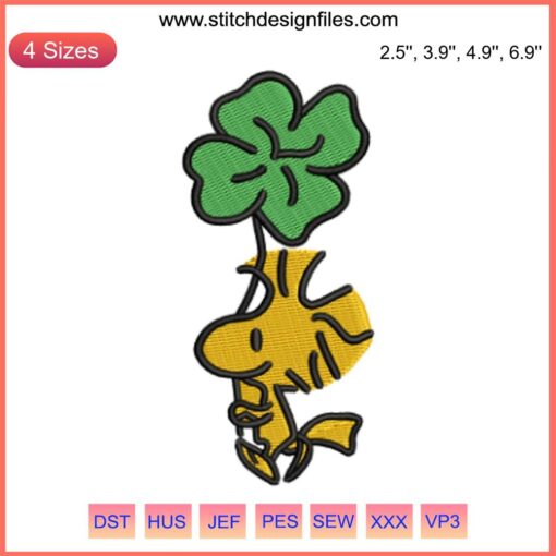 Woodstock Peanuts Shamrock Embroidery Design: St. Patrick's Day themed digital stitching with a playful Woodstock character and shamrock pattern.