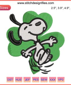 Snoopy dancing with shamrock, Peanuts St. Patrick's Day embroidery design, digital stitching, festive green motif.
