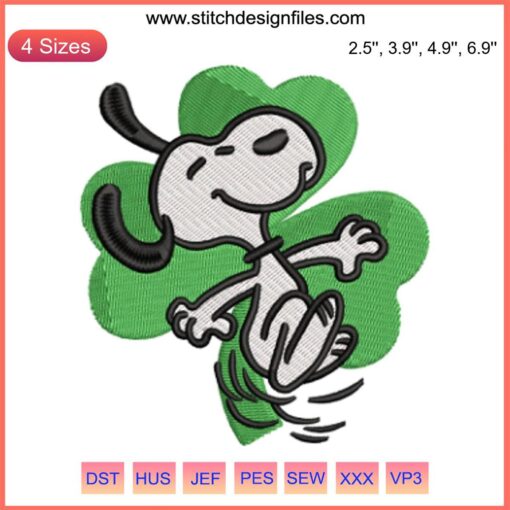 Snoopy dancing with shamrock, Peanuts St. Patrick's Day embroidery design, digital stitching, festive green motif.