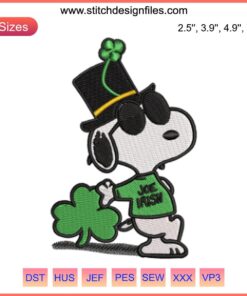 Snoopy Joe Cool St. Patrick's Day embroidery design with Snoopy wearing sunglasses and surrounded by clovers.