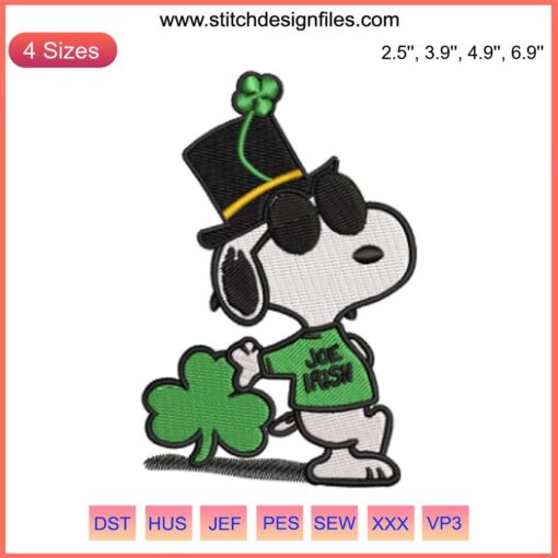 Snoopy Joe Cool St. Patrick's Day embroidery design with Snoopy wearing sunglasses and surrounded by clovers.