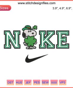 Snoopy St. Patrick's Day Embroidery Design: Snoopy holding shamrock, Nike shoe, vibrant shamrock clover stitching.