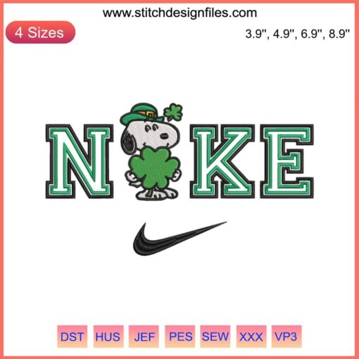Snoopy St. Patrick's Day Embroidery Design: Snoopy holding shamrock, Nike shoe, vibrant shamrock clover stitching.