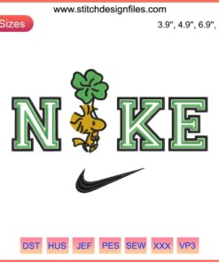 Woodstock St. Patrick's Day embroidery with shamrock clover, Nike-inspired digital stitching design.