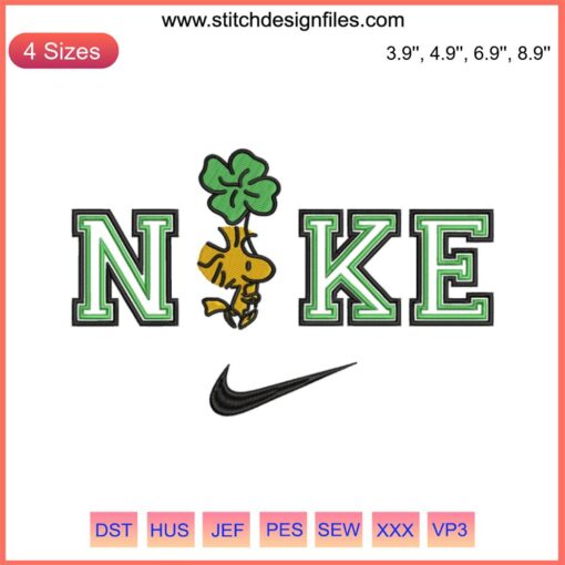 Woodstock St. Patrick's Day embroidery with shamrock clover, Nike-inspired digital stitching design.