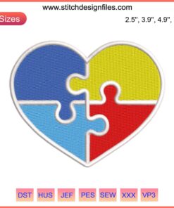 "Autism Awareness Heart Embroidery Design: Vibrant Puzzle Heart Pattern, Perfect for Customized Digital Embroidery Projects"