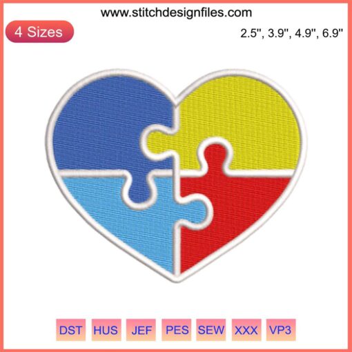 "Autism Awareness Heart Embroidery Design: Vibrant Puzzle Heart Pattern, Perfect for Customized Digital Embroidery Projects"