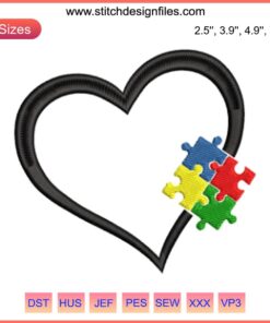 Puzzle Autism Heart Embroidery Design featuring colorful puzzle pieces for Autism Awareness Gift Digital Stitching.