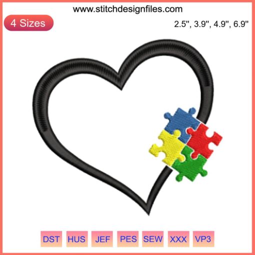 Puzzle Autism Heart Embroidery Design featuring colorful puzzle pieces for Autism Awareness Gift Digital Stitching.