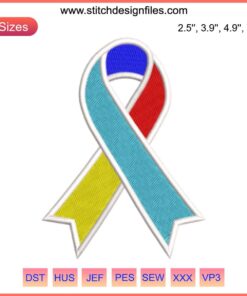 Colorful Autism Awareness Ribbon Embroidery Design featuring puzzle pieces, digital stitching pattern, autism ribbon design.