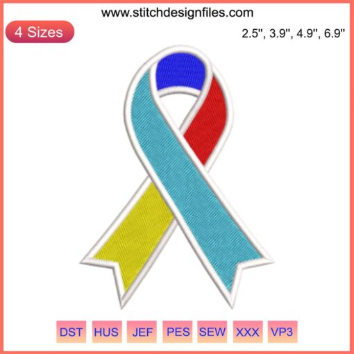 Colorful Autism Awareness Ribbon Embroidery Design featuring puzzle pieces, digital stitching pattern, autism ribbon design.