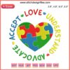 Colorful heart embroidery with "Accept Love Understand Advocate" text, symbolizing Autism Awareness. Digital stitching design.
