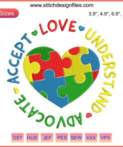 Colorful heart embroidery with "Accept Love Understand Advocate" text, symbolizing Autism Awareness. Digital stitching design.